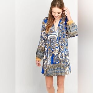 Free People XS long sleeve blue and gold mini dress